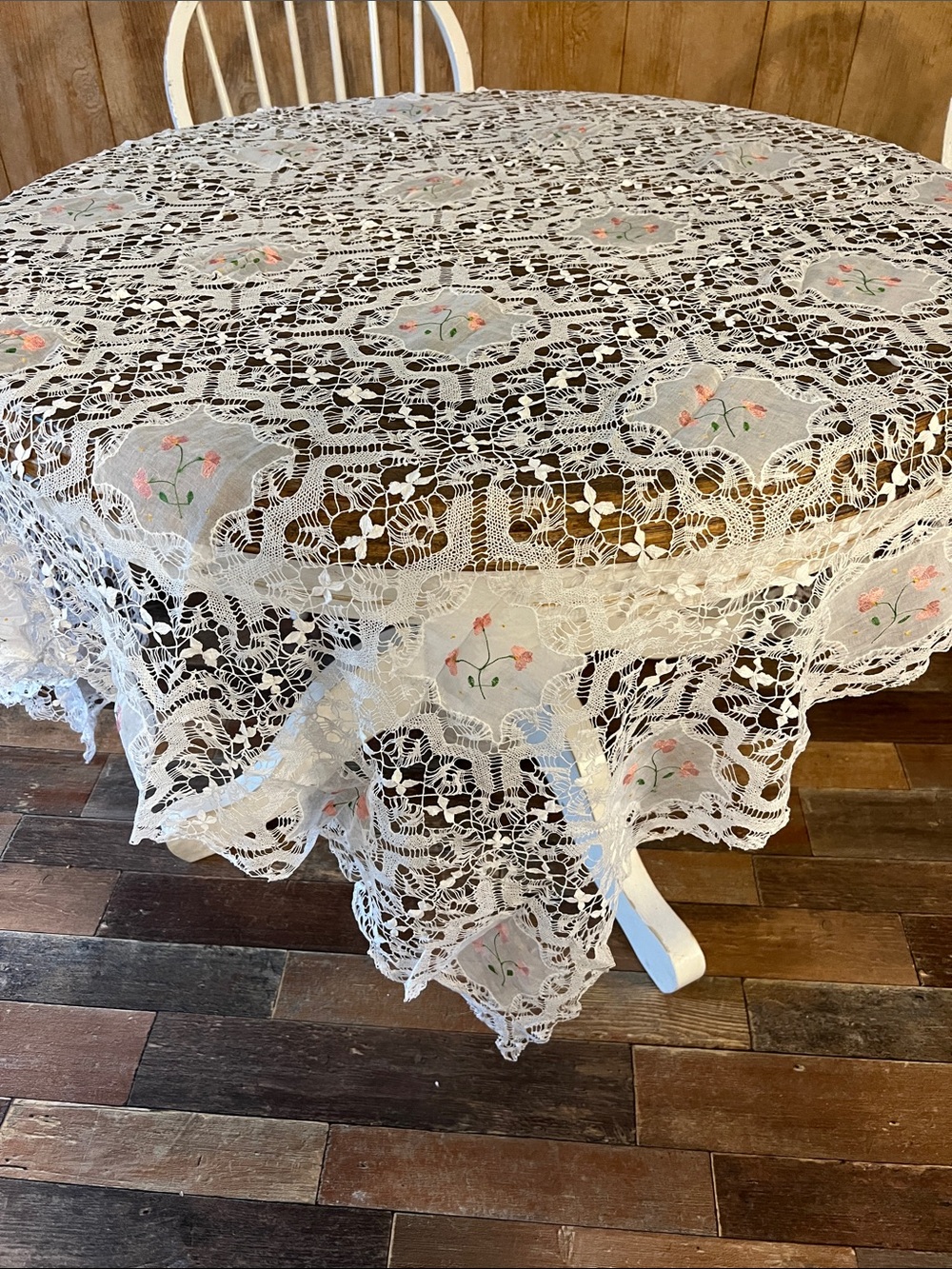 Vintage White Lace rectangular Tablecloth with Pink Floral Accents